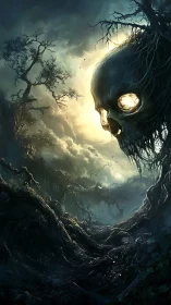 Skull-shaped forest spirit looms over a haunted ravine.