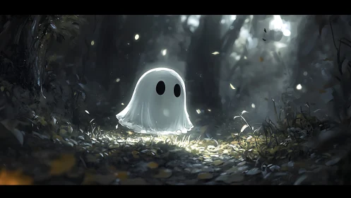 Lonely cartoon ghost glowing softly in misty forest path.