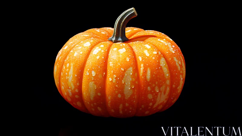 Single orange pumpkin with water droplets on black background.