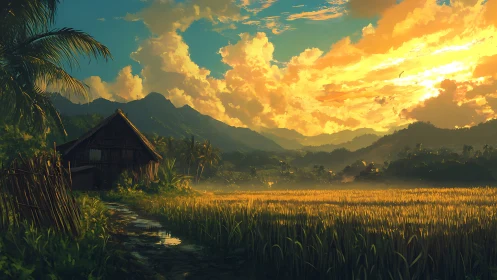 Spectral sunset over irrigated valley field and timber hut.