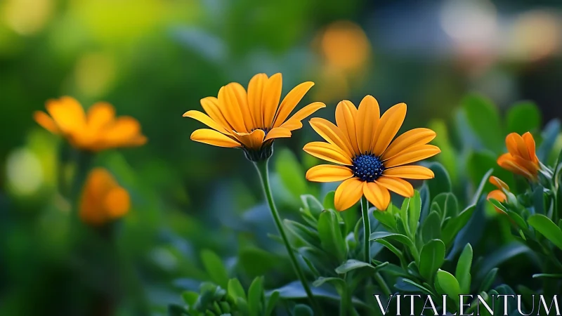 Orange Daisies in Bloom with Green Garden Background.