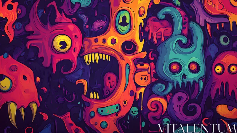 Multicolored abstract monster faces occupy a dense composition