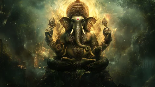 Radiant elephant deity seated in swirling emerald mist.