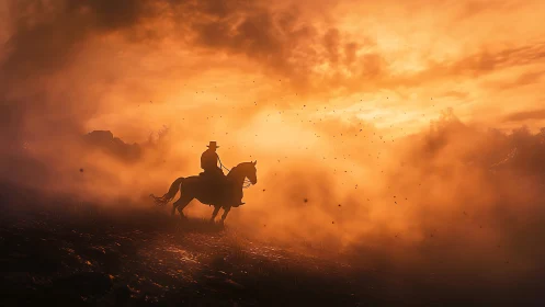 Lone rider carves a burning sunset trail through dust and legend.