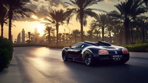 Sunlit boulevard cruise with sleek black supercar dreams.