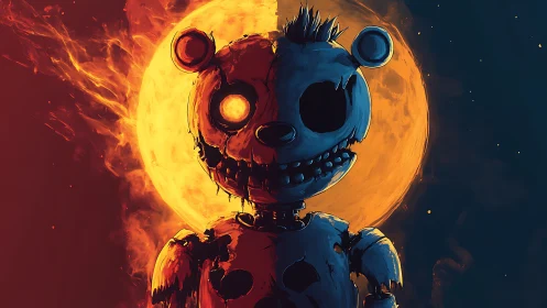 Haunted robot bear framed by a blazing celestial moon.