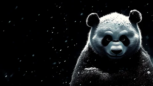 Snow-dusted panda gazes calmly through a quiet winter night