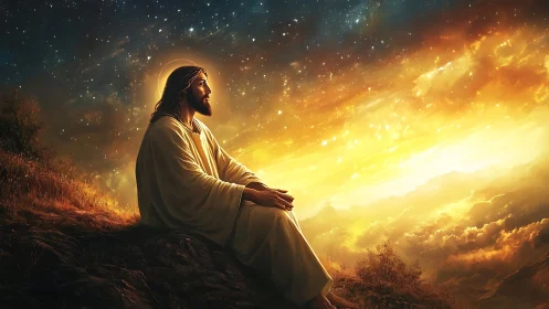 Christlike figure contemplates glowing heavens at sunrise.