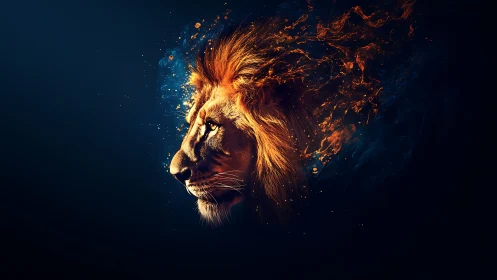 Lion profile integrates with abstract flame-like particle dispersion