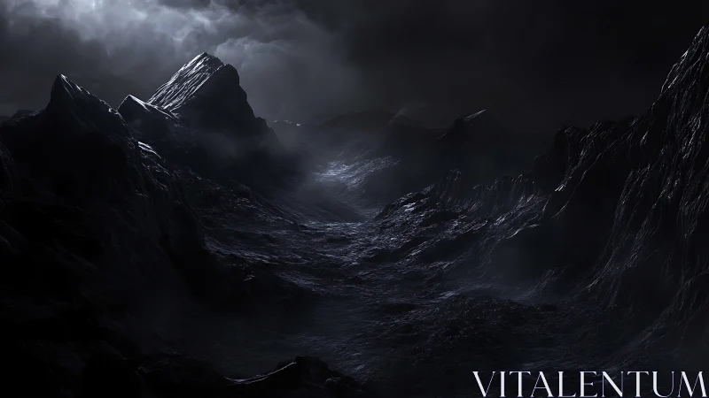 Dark rocky canyon under storm clouds and dim light.