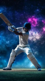 Cricket batter in full gear against stylized cosmic sky.