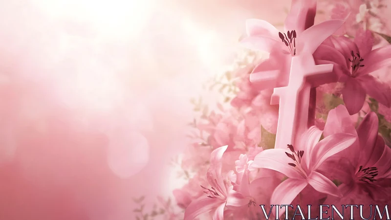 Pink cross among lilies with soft light and floral haze.