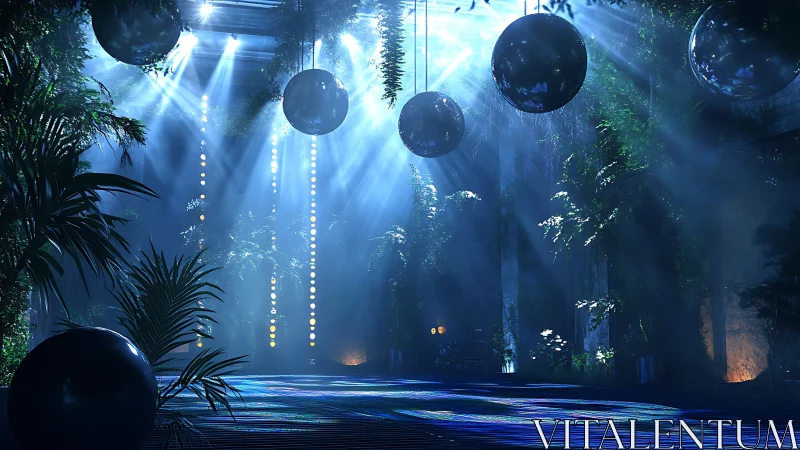 Luminous jungle ballroom bathes hanging spheres in blue light