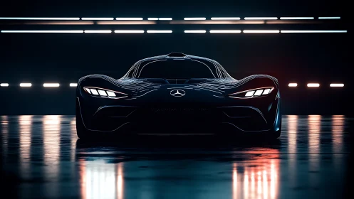 Midnight hypercar prowls under neon runway lights.