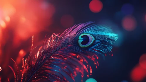 Peacock feather closeup under vivid neon colored lights.