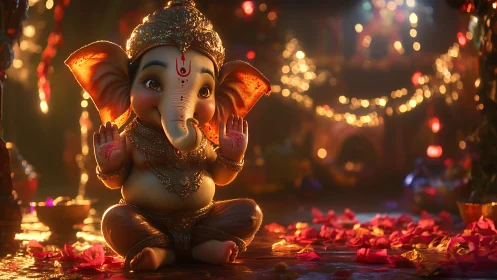 3D chibi Ganesha idol in festive bokeh-lit devotional setting.