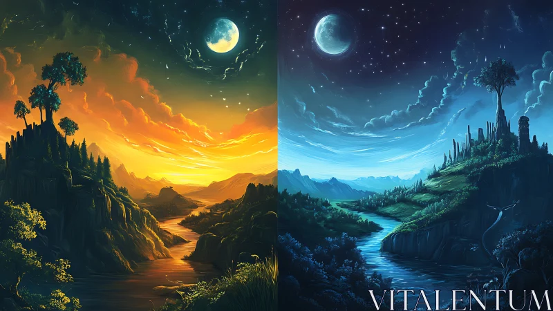 Enchanted river valley shared by glowing day and quiet night.