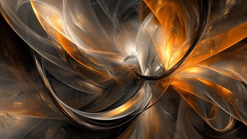 Dynamic Abstract Fractal Art with Fiery Orange and Silver Tones.