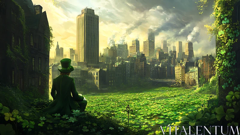 Leprechaun figure overlooks dense city across clover field