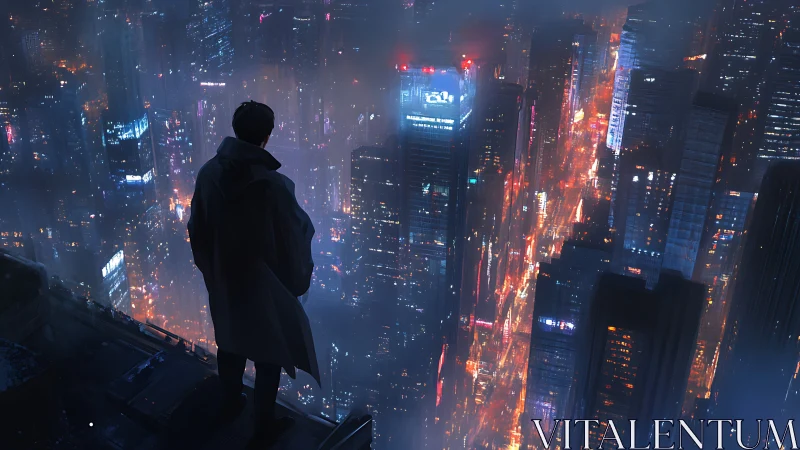 Solitary figure surveys neon-lit cyberpunk megacity skyline