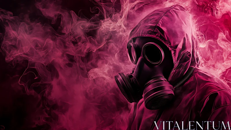 Gas mask figure in magenta toxic smoke, high-contrast portrait