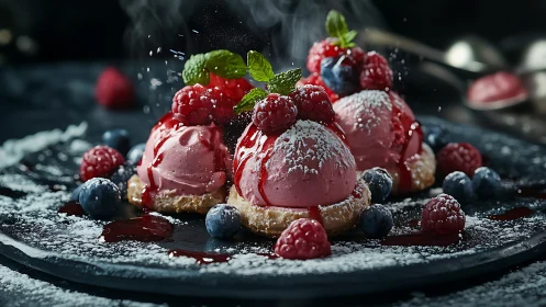 Raspberry gelato pastries with powdered sugar and mint