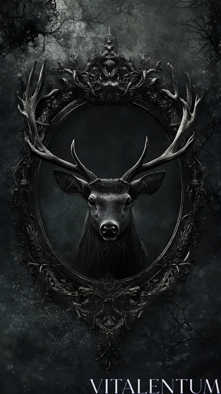 Dark stag portrait within ornate oval frame on black field.