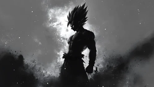 Storm-lit warrior silhouette rising in swirling gray mist.