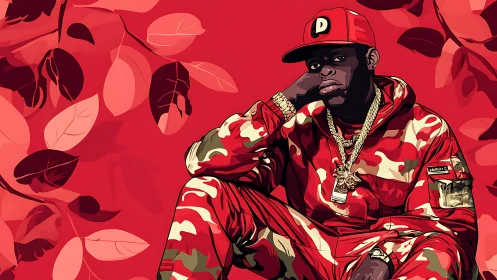 Red camo-clad rapper rests against bold graphic foliage backdrop.