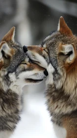 Tender winter nuzzle between two wolves in close portrait.
