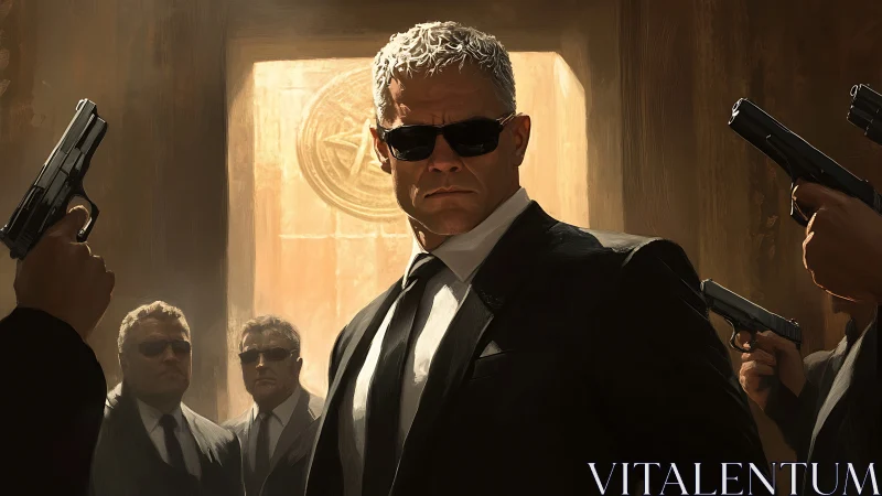 Suited security detail surrounded by drawn handguns in courtyard.