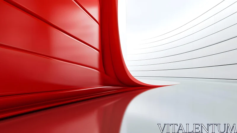 Futuristic minimalist hallway with glossy red and white curved walls.