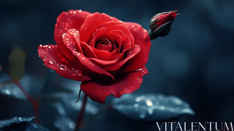 Red Rose with Dew Droplets: Macro Botanical Study in Cinematic Depth