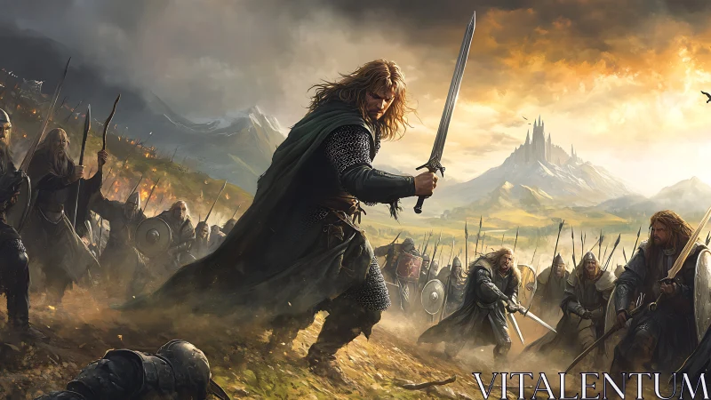 Medieval swordsman leads armored army on burning battlefield.