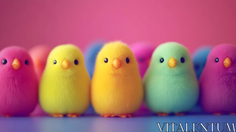 Bright pastel chicks stand together in soft rainbow colors