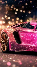 Glittering pink sports car under urban night lights.