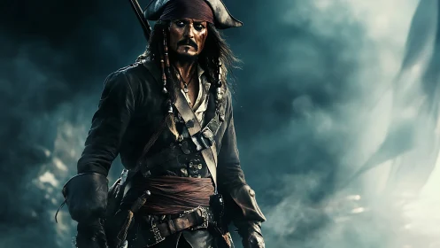 Pirate captain stands in smoky, cinematic seascape lighting