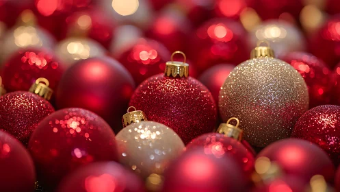 Glittering red bauble chorus in cozy holiday closeup.