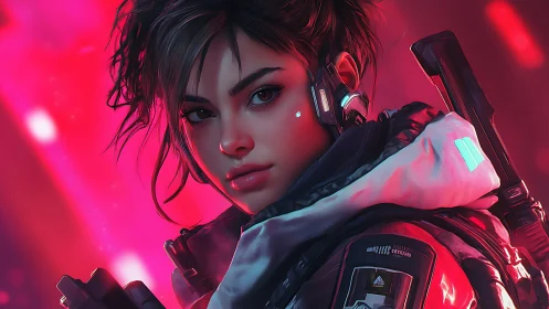 Cyberpunk heroine stands ready amid neon crimson haze