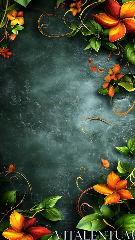 Vibrant Flowers Frame a Weathered Dark Slate Surface