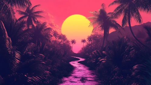 Neon tropical sunset river with symmetrical palm canopy design.