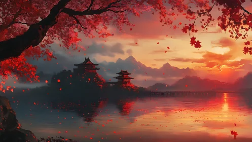 Red maple trees frame lakeside pagodas at sunset over water