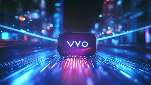 Neon datastream corridor with VVO-branded core module.