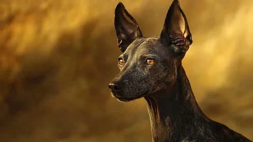 Golden light gently frames a watchful sleek black dog