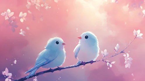 Two White Birds Positioned on Branch with Pink Floral Background.