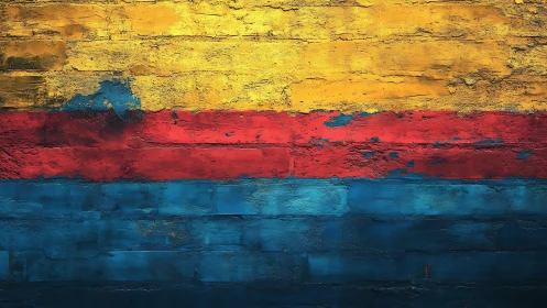 Textured tricolor mural on distressed brick wall surface.