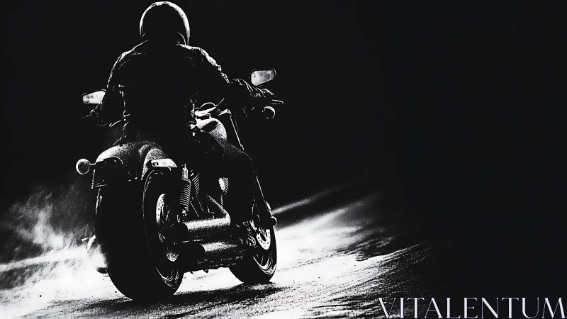 Motorcyclist rides on wet road in high-contrast silhouette