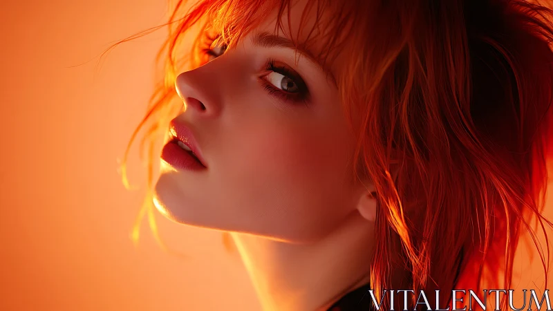Side profile of woman with orange hair in warm light.