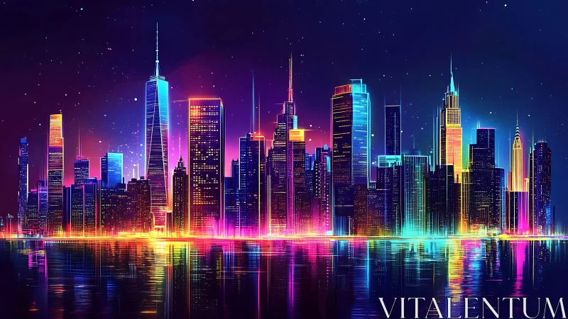 Neon-drenched futuristic city skyline glows over waterfront