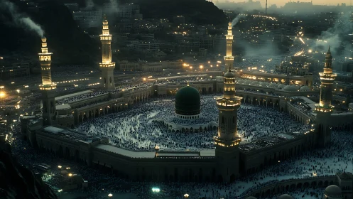 Nighttime aerial view of large mosque complex during gathering